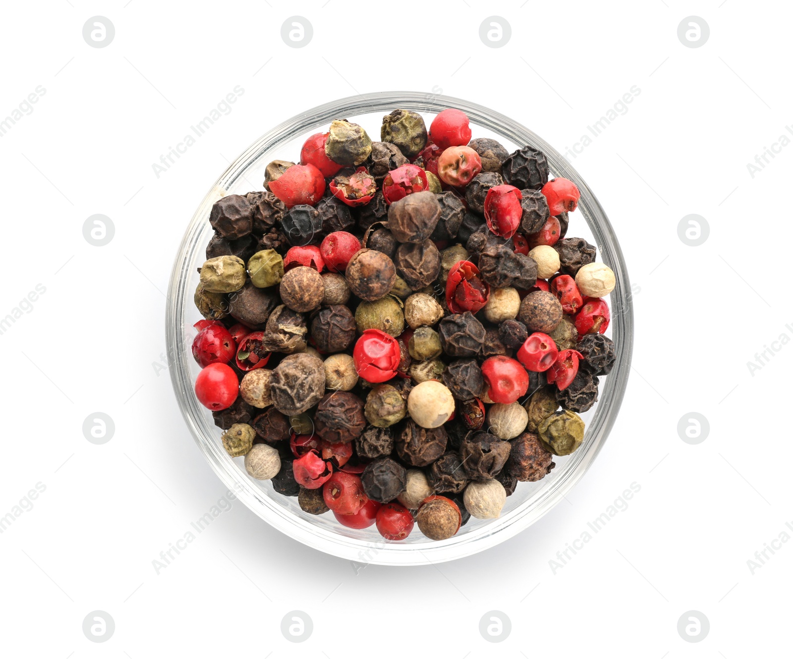 Photo of Glass bowl with different pepper grains on white background, top view