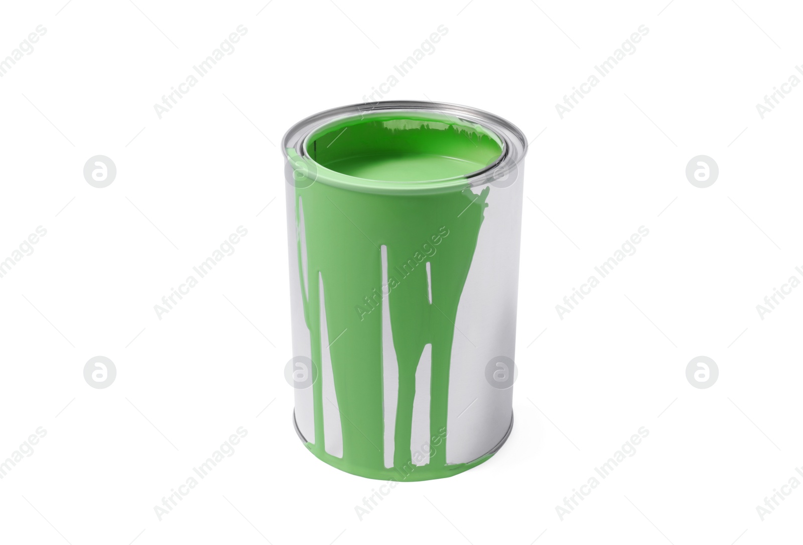 Photo of Can of light green paint isolated on white