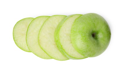 Sliced ripe green apple isolated on white, top view