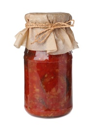 Photo of Jar with pickled vegetable sauce on white background