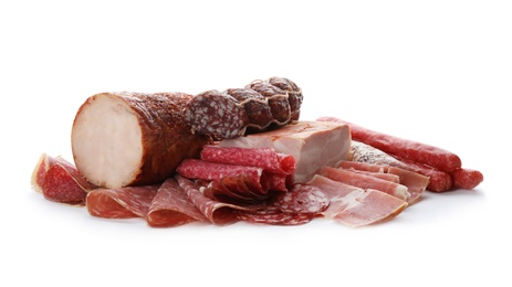 Photo of Different tasty meat delicacies on white background
