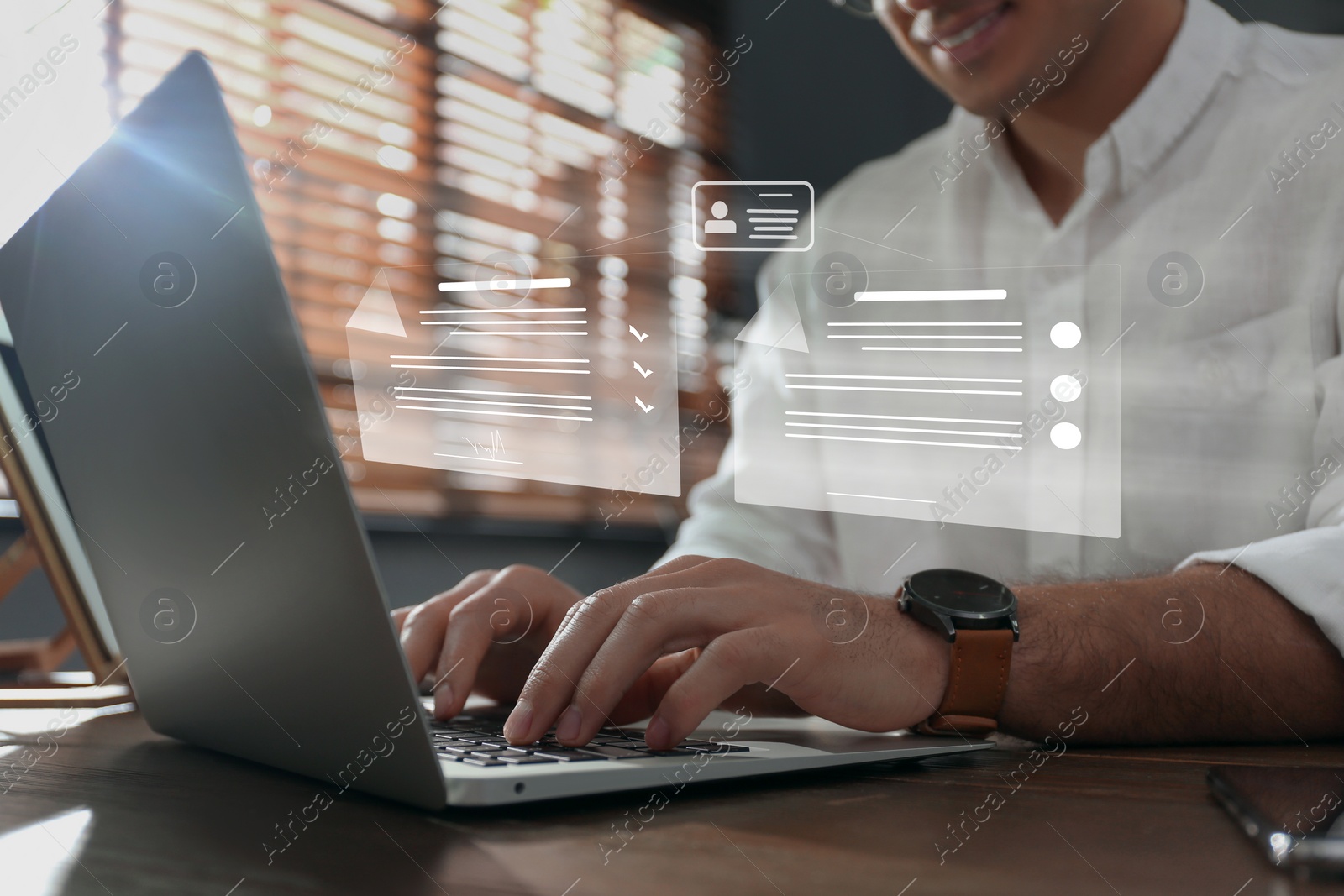 Image of Concept of electronic signature. Man working on laptop at wooden table indoors, closeup