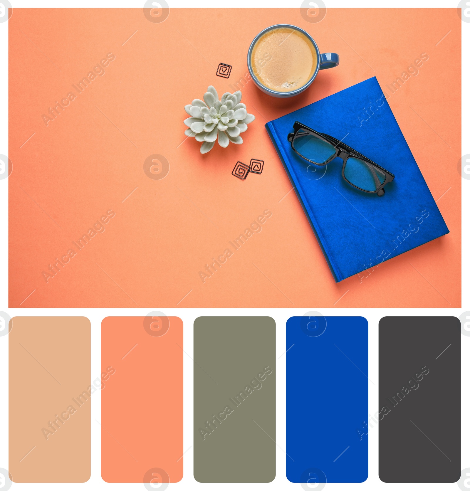 Image of Flat lay composition inspired by color of the year 2020 (Classic blue) on coral background. Space for text