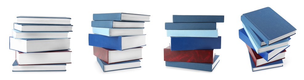 Image of Collection of different hardcover books on white background. Banner design
