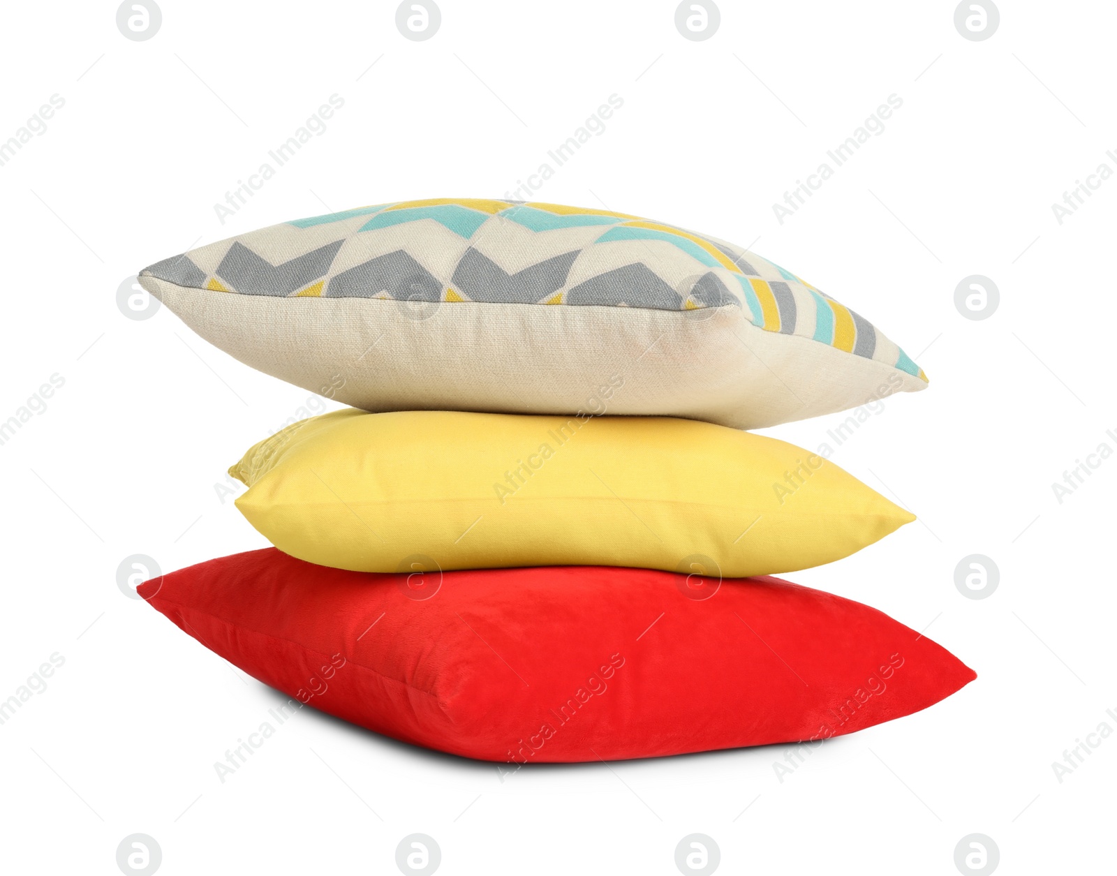 Photo of Stack of colorful decorative pillows on white background