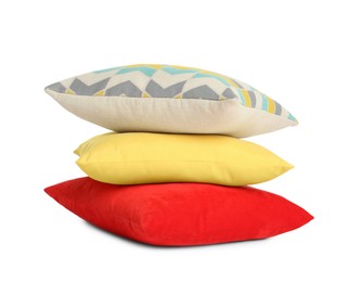 Photo of Stack of colorful decorative pillows on white background