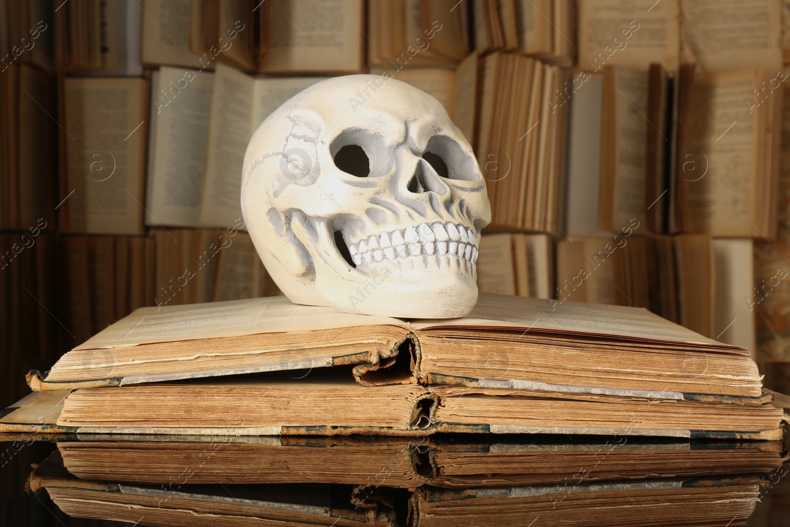 Photo of Human skull and old books on mirror table