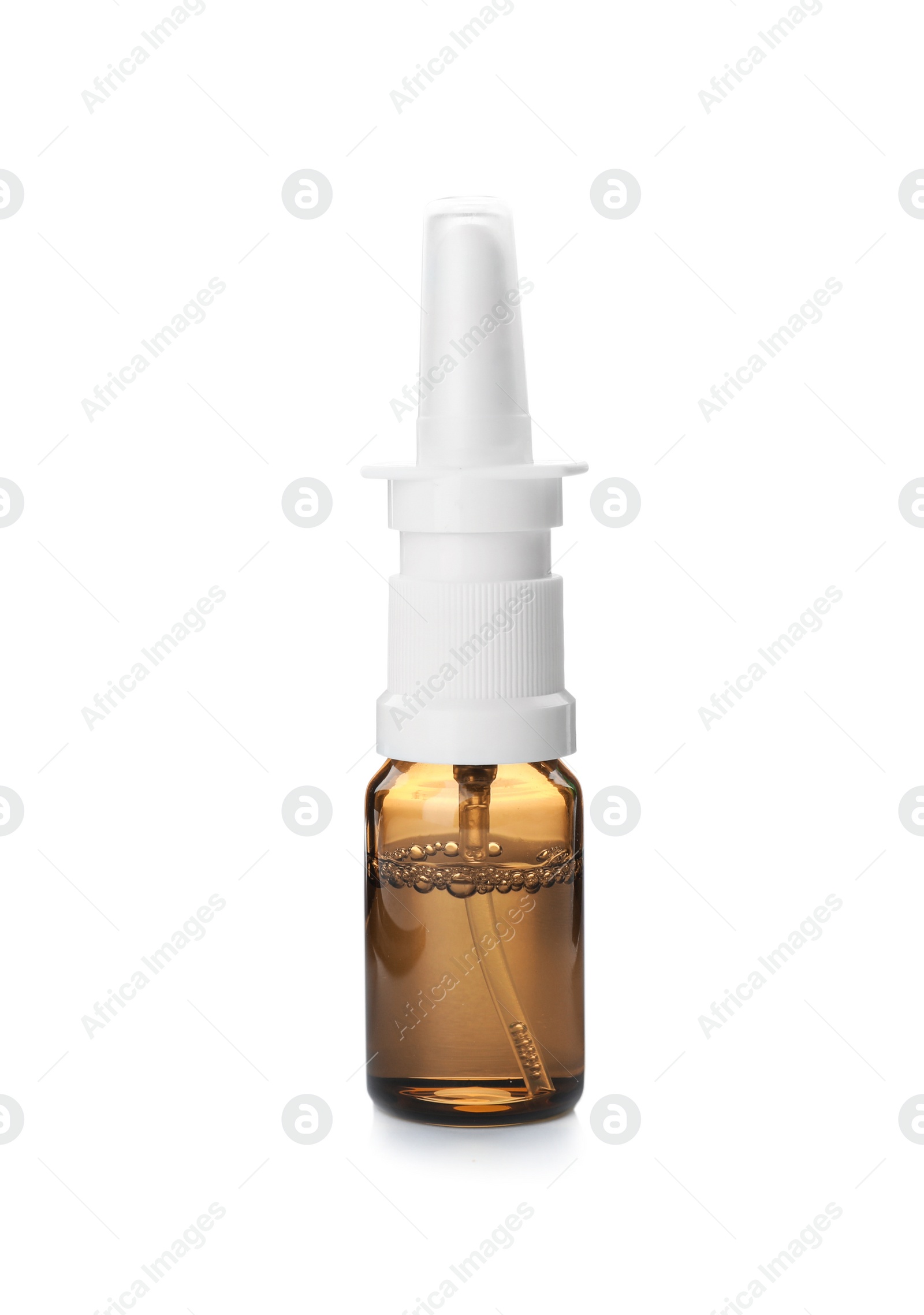 Photo of Spray bottle with medicament on white background