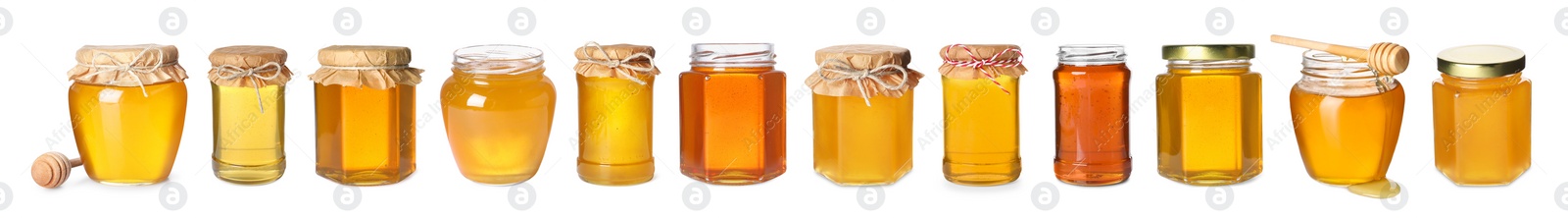 Image of Natural honey in glass jars isolated on white, set