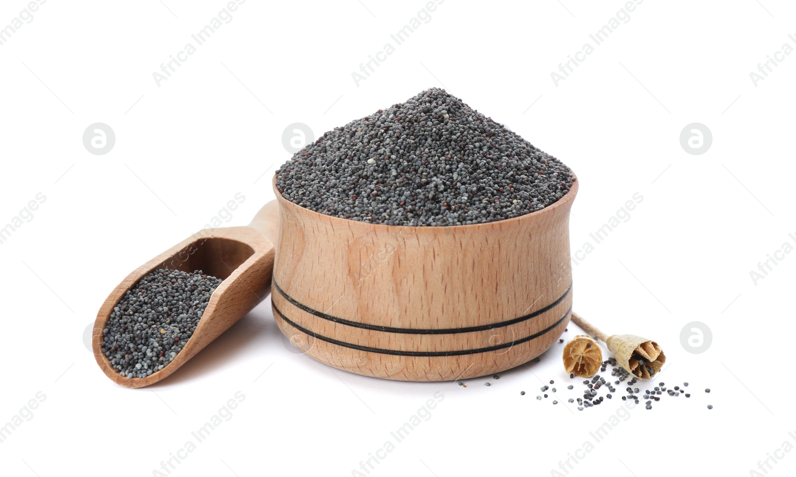 Photo of Bowl and scoop with poppy seeds on white background