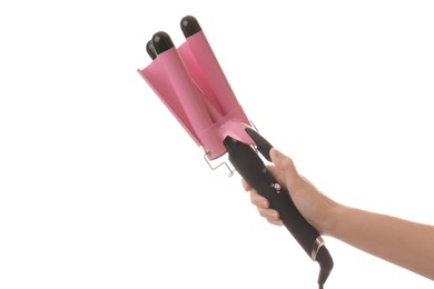 Photo of Woman holding modern triple curling iron on white background, closeup