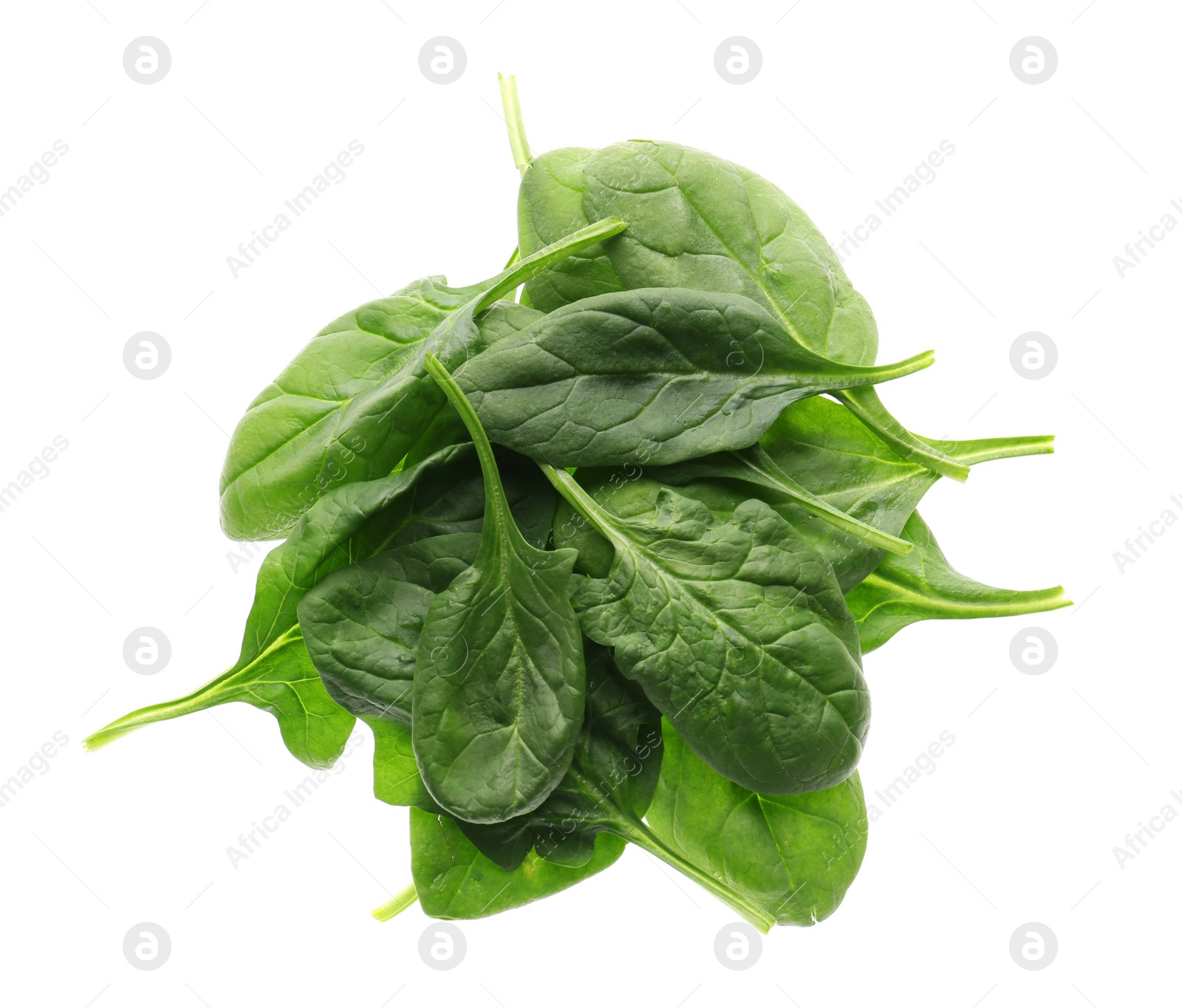 Photo of Fresh green healthy spinach leaves isolated on white, top view