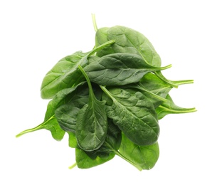 Photo of Fresh green healthy spinach leaves isolated on white, top view