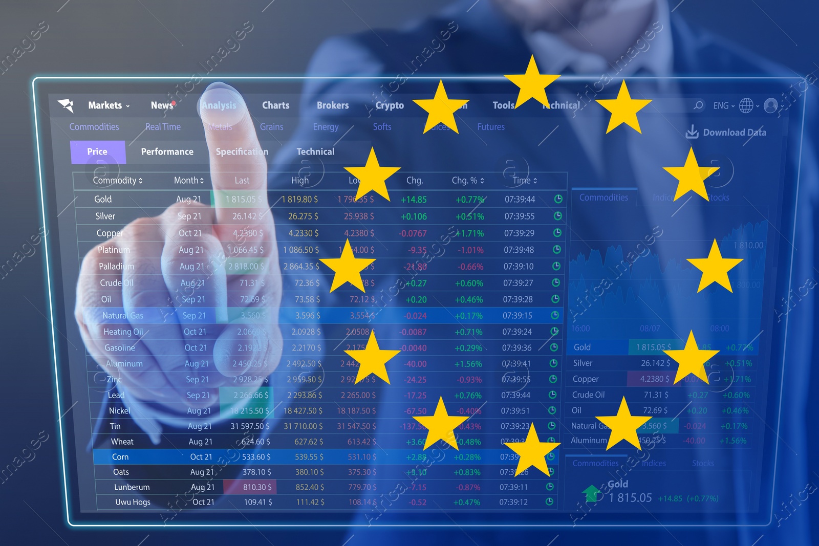 Image of Stock exchange. Double exposure with European flag and man using digital screen with trading data