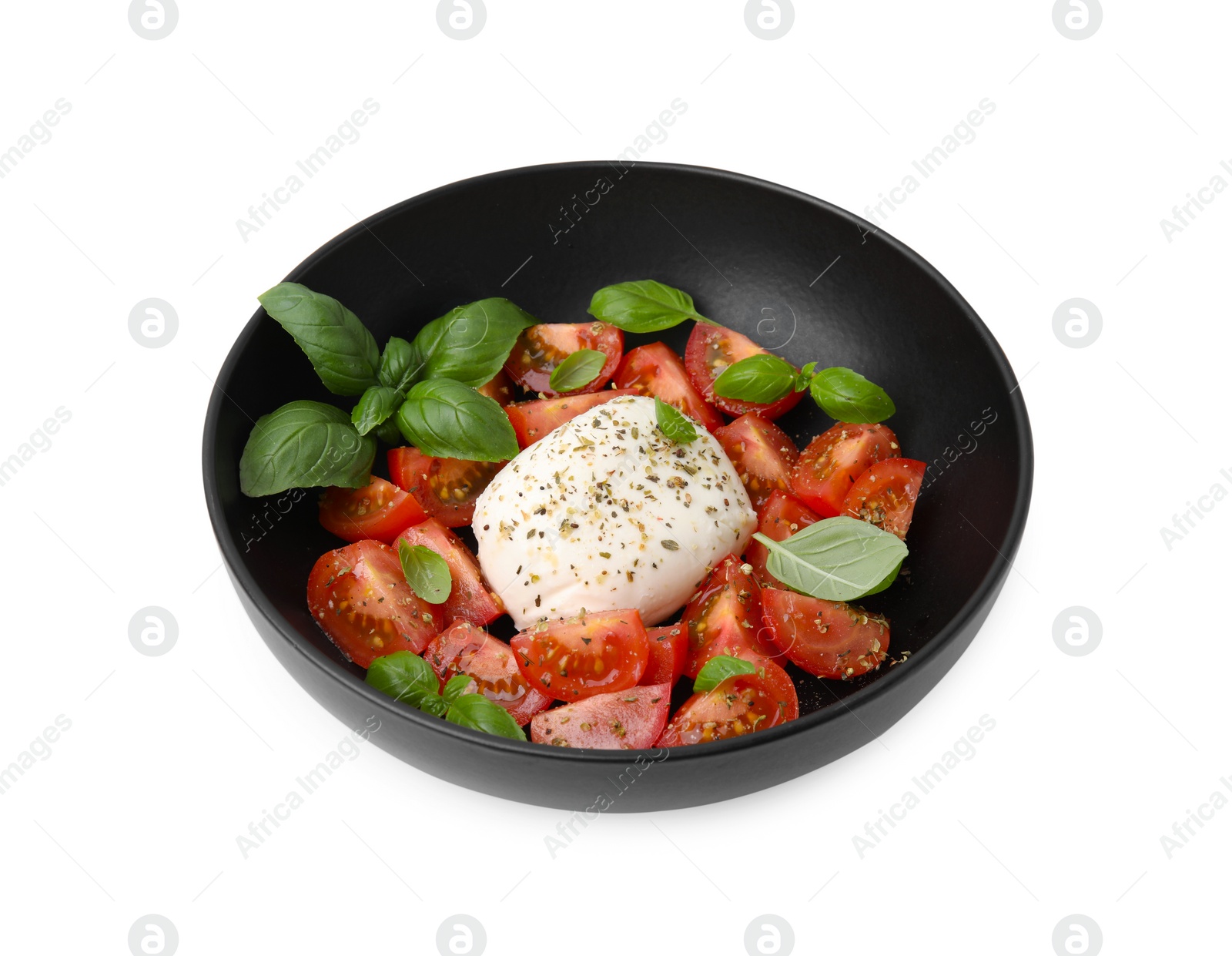 Photo of Tasty salad Caprese with mozarella, tomatoes and basil on white background