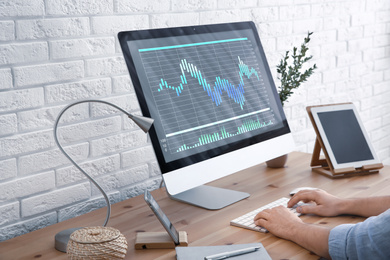 Broker using modern computer at table, closeup. Forex trading