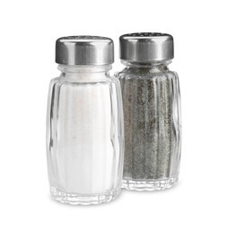 Photo of Salt and pepper shakers on white background