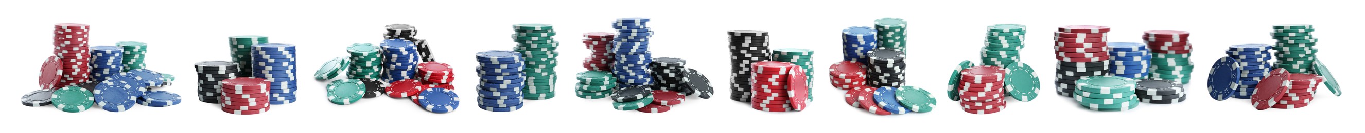 Image of Set with stacks of different casino chips on white background, banner design. Poker game