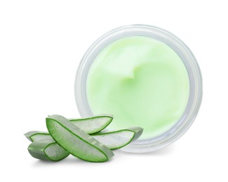 Moisturizing cream with extract of aloe vera. Jar and cut green aloe leaves on white background