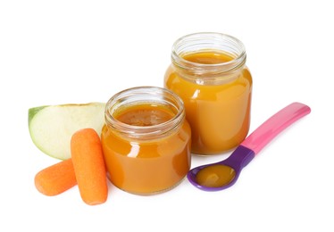 Tasty baby food in jars, fresh carrots and apple isolated on white