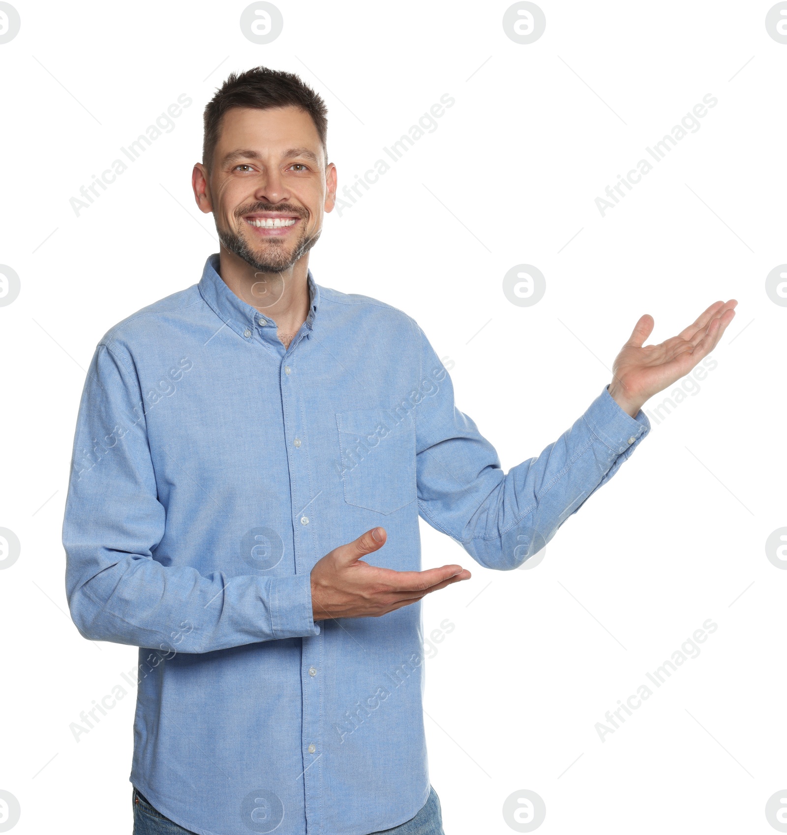 Photo of Handsome man gesturing on white background. Weather forecast reporter