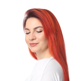 Photo of Young woman with bright dyed hair on white background