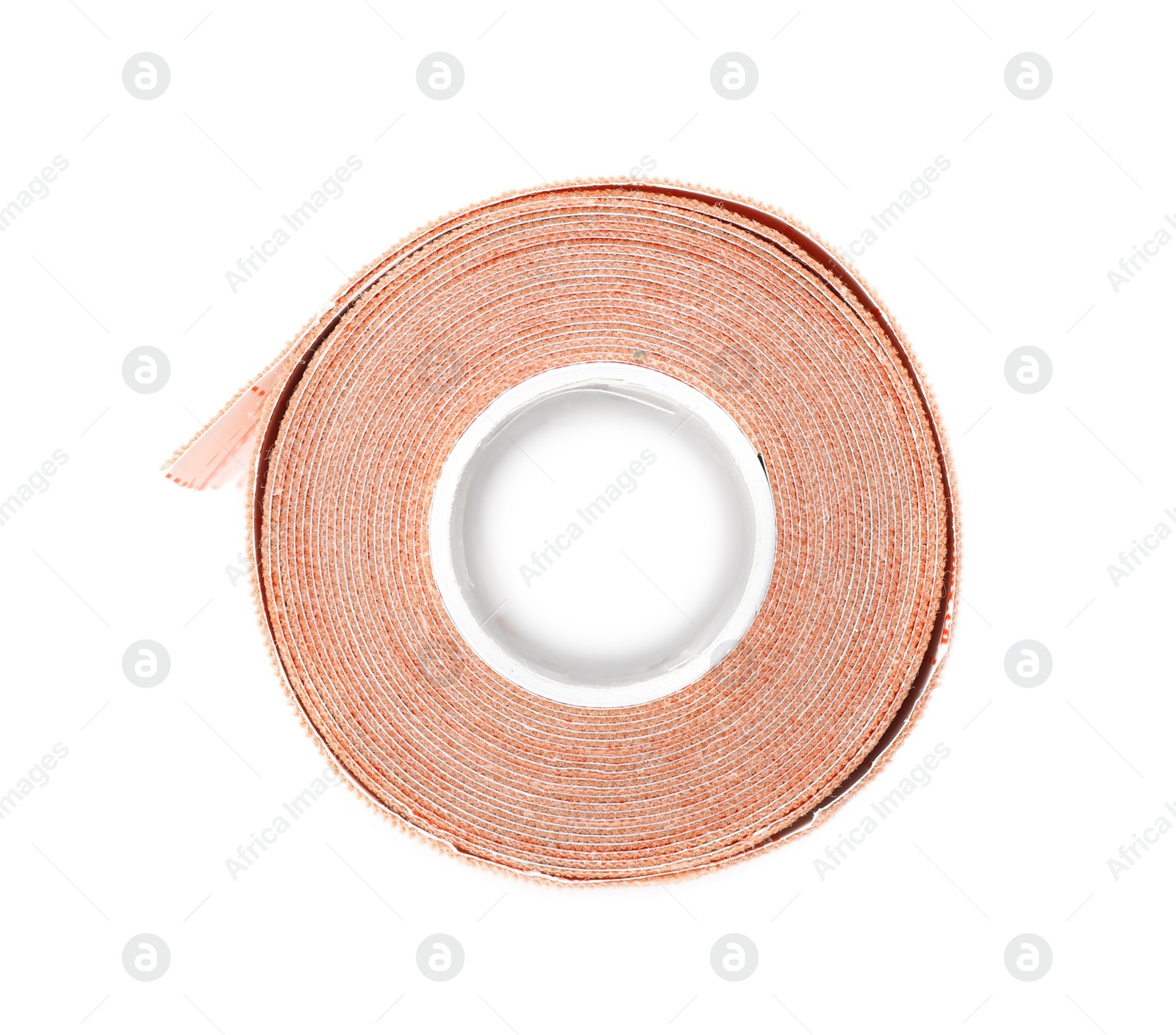 Photo of Medical sticking plaster roll on white background, top view