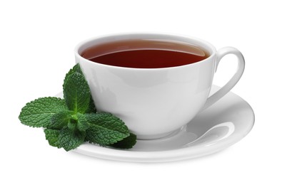 Photo of Cup of aromatic black tea with fresh mint on white background