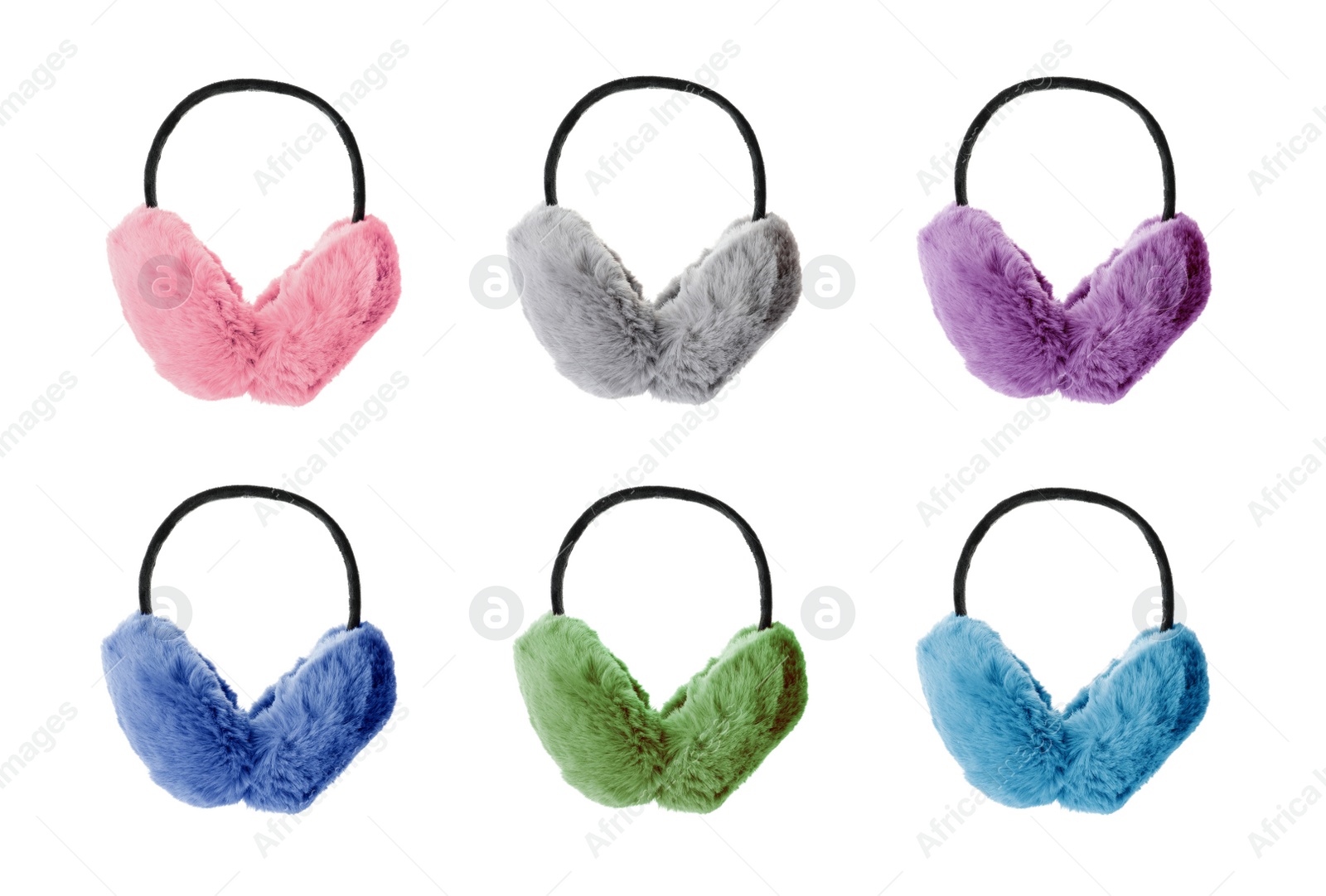 Image of Set with different colorful soft earmuffs on white background