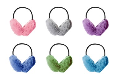 Set with different colorful soft earmuffs on white background