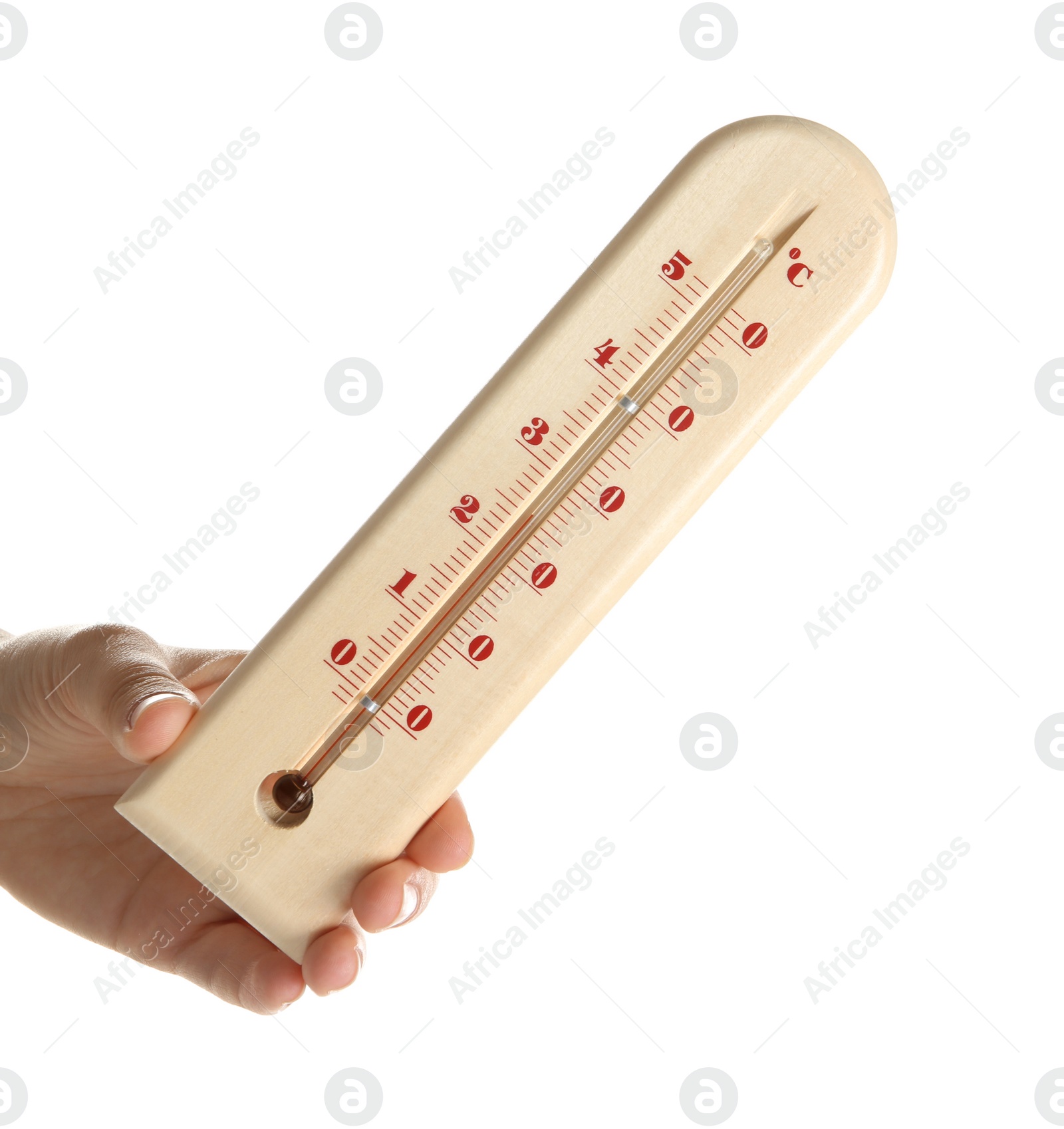 Photo of Woman holding weather thermometer on white background