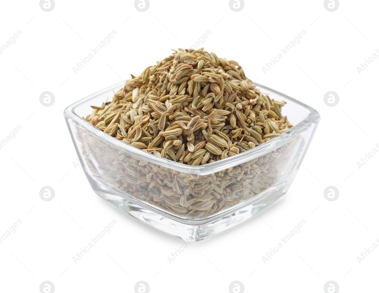 Photo of Dry fennel seeds in bowl isolated on white