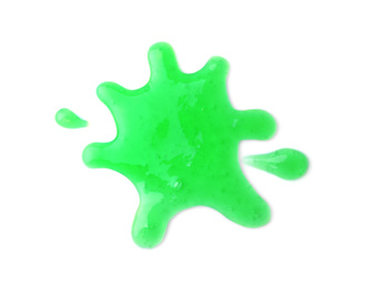 Photo of Splash of green slime isolated on white, top view. Antistress toy