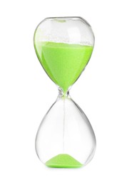Photo of Hourglass with light green flowing sand isolated on white
