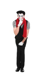 Photo of Funny mime artist in beret showing hush gesture on white background