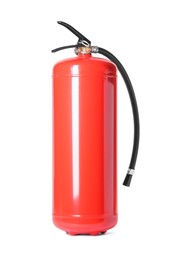 Photo of One red fire extinguisher on white background