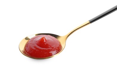 Photo of Spoon with tasty ketchup isolated on white. Tomato sauce