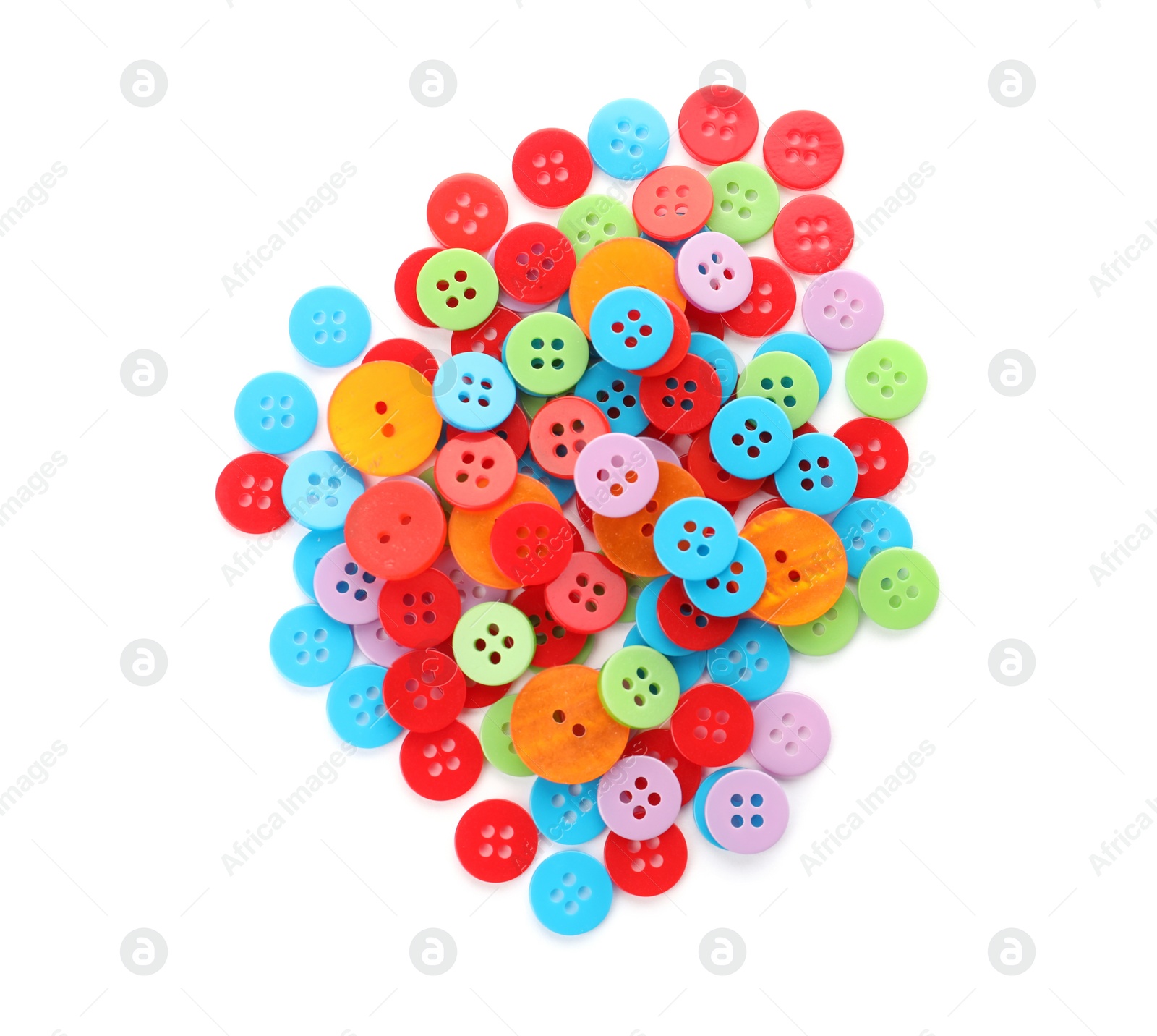 Photo of Many colorful plastic sewing buttons isolated on white, top view