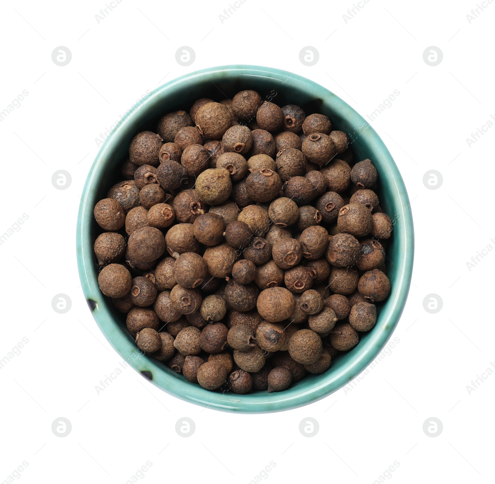 Photo of Dry allspice berries (Jamaica pepper) in bowl isolated on white, top view