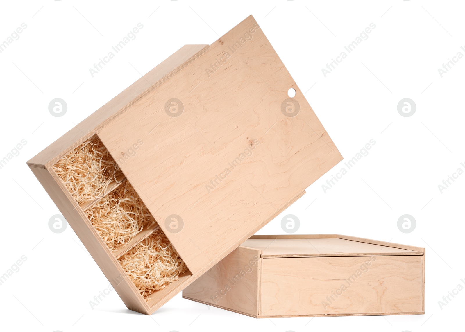 Photo of Wooden gift boxes for wine isolated on white