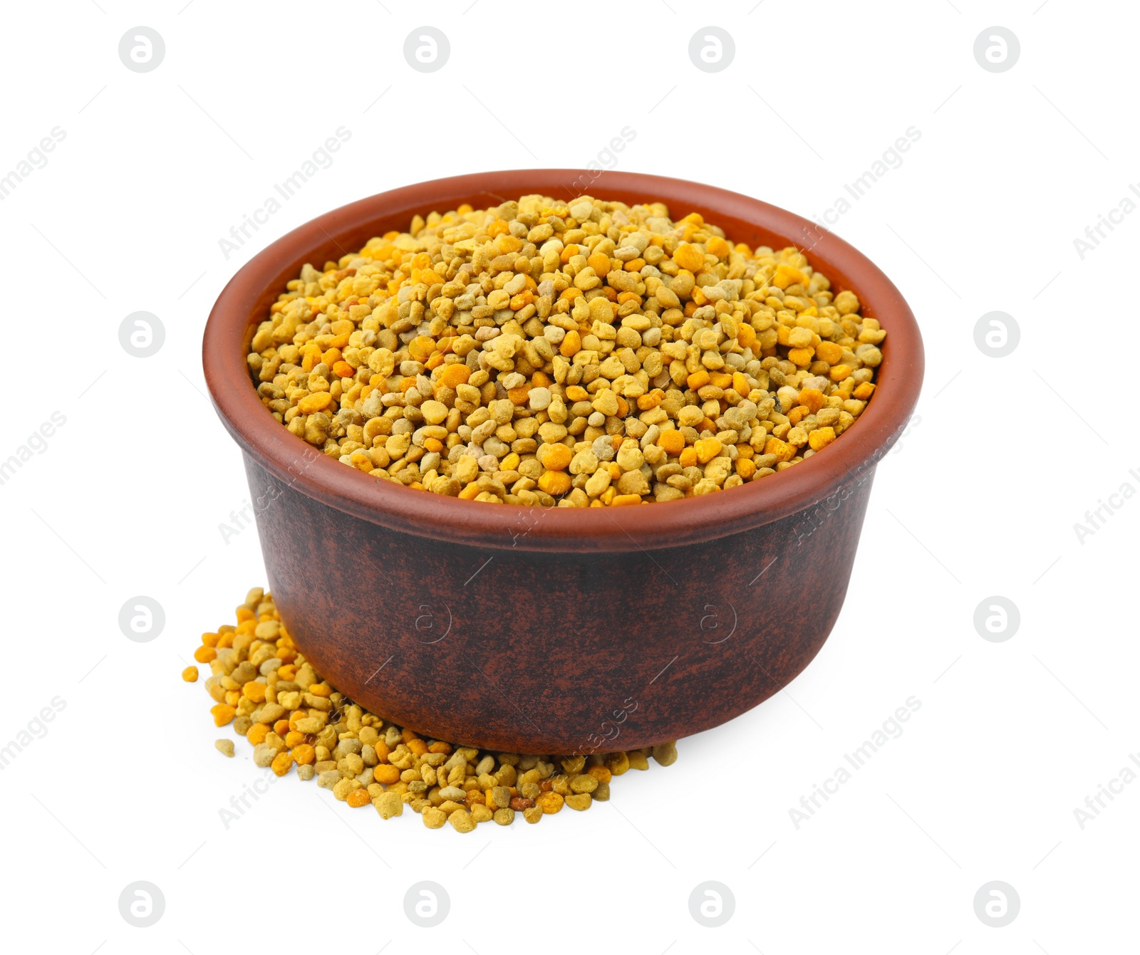 Photo of Fresh bee pollen granules in bowl isolated on white