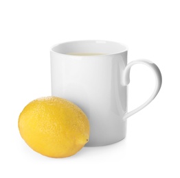 Cup of hot tea and lemon on white background