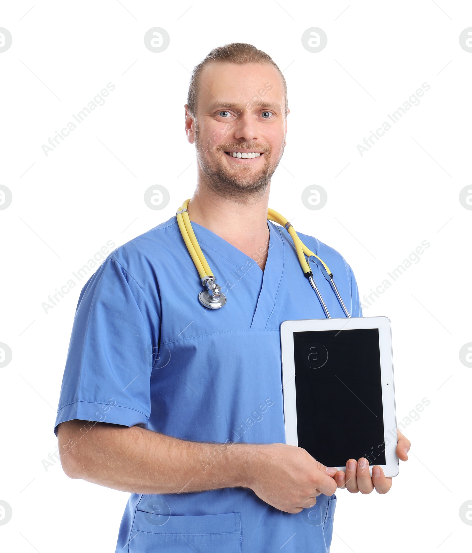 Photo of Portrait of medical assistant with stethoscope and tablet on white background. Space for text