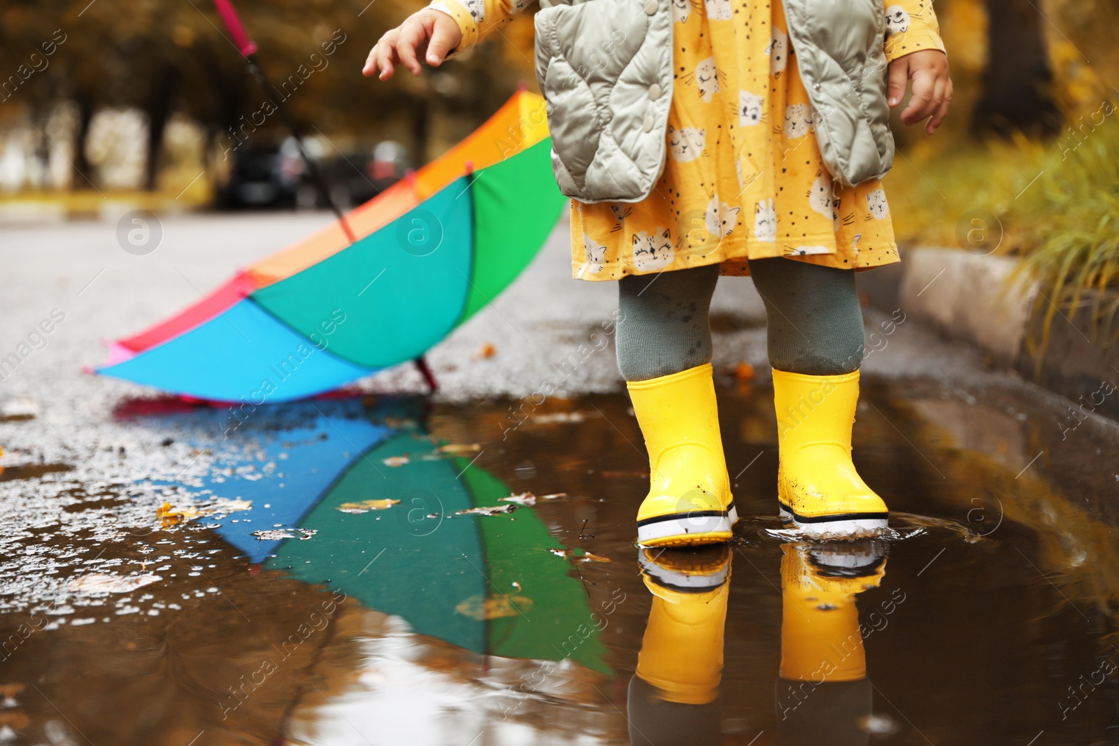Photo of Little girl wearing yellow rubber boots standing in puddle outdoors, closeup. Space for text