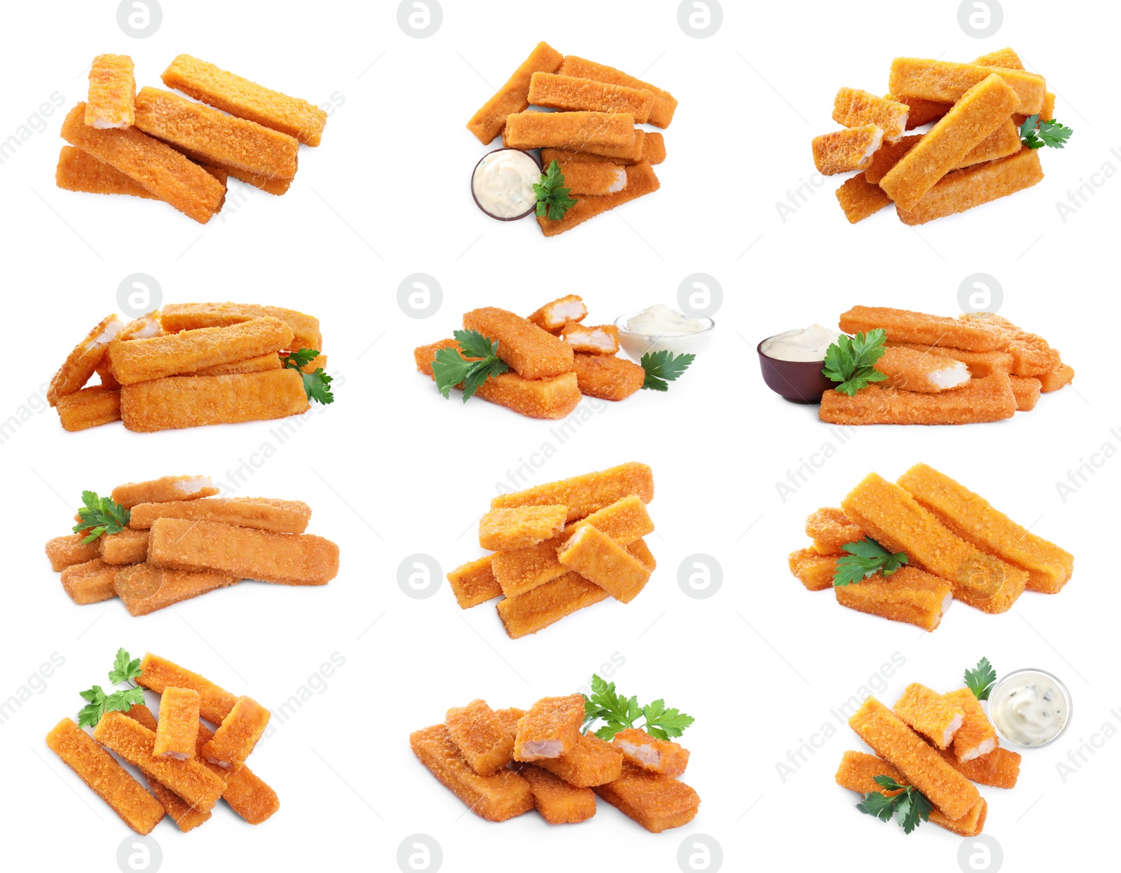 Image of Set with delicious fish fingers on on white background