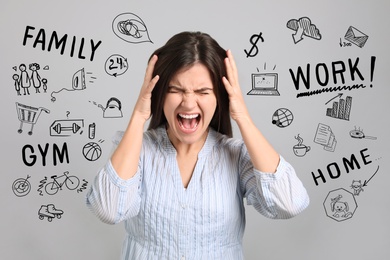 Stressed young woman, text and drawings on grey background