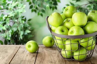 Ripe green apples in metal basket on wooden table against blurred background. Space for text