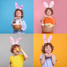 Image of Easter celebration. Collage with photos of little boy in bunny ears headbands on different color backgrounds