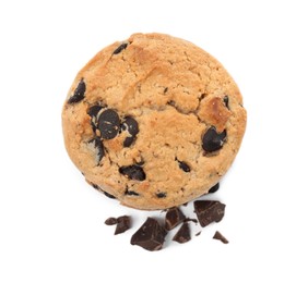 Tasty chocolate chip cookie on white background, top view