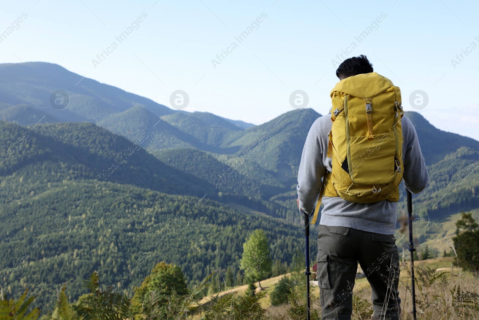 Photo of Tourist with backpack and trekking poles enjoying mountain landscape, back view. Space for text